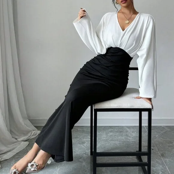 Black Elegant Women's Patchwork Long Sleeve Pleated Hem Casual Dress - Picture 3 of 6